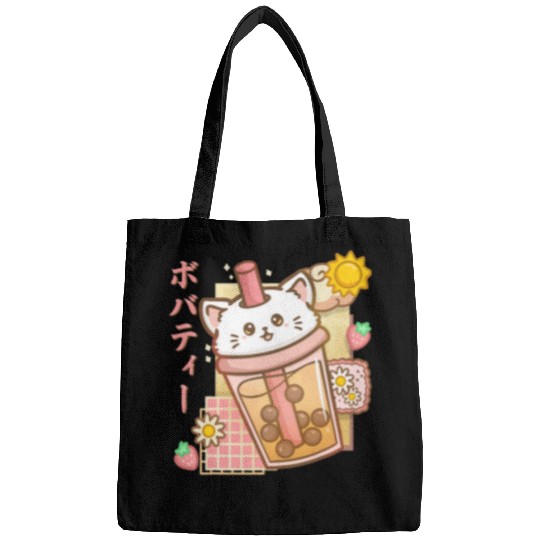 Boba Tea Cat Bubble Tea Strawberry Kawaii Cat Neko Anime Bags