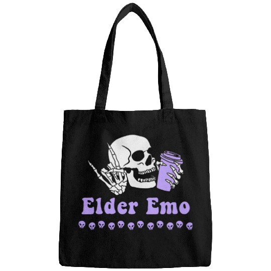 Coffee Fun Elder Emo Goth Skeletons and Coffee Retro Groovy Purple Bags