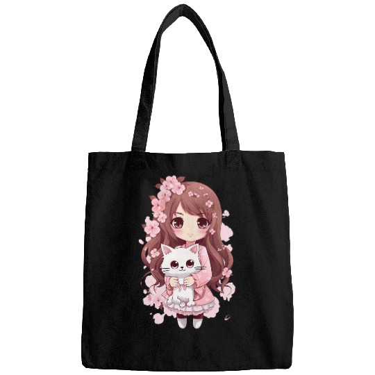 Cherry Blossom Butterfly Anime Girl With Kawaii Cat 5 Bags