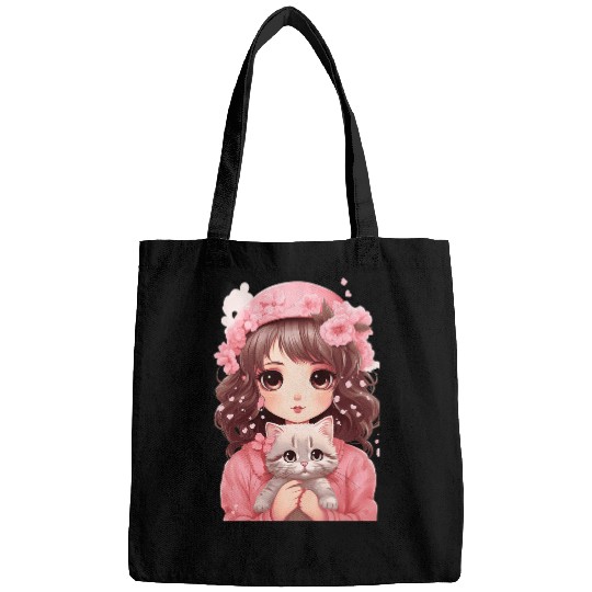 Cherry Blossom Butterfly Anime Girl With Kawaii Cat 3 Bags