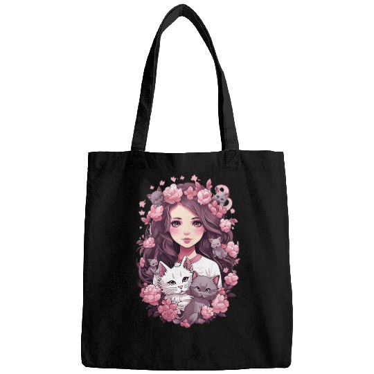 Cherry Blossom Butterfly Anime Girl With Kawaii Cat 17 Bags