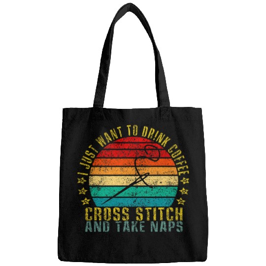Coffee Fun Just Want To Drink Coffee Cross Stitch and Take Naps Retro Bags
