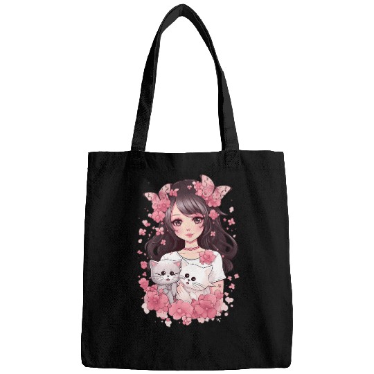 Cherry Blossom Butterfly Anime Girl With Kawaii Cat 2 Bags