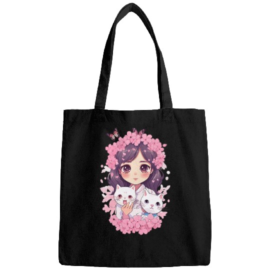 Cherry Blossom Butterfly Anime Girl With Kawaii Cat 21 Bags