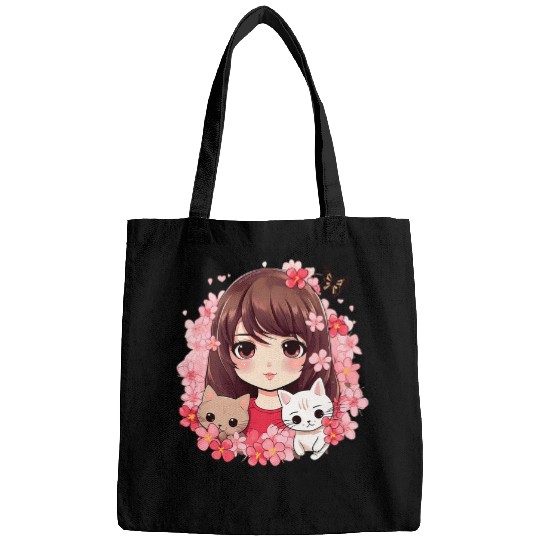 Cherry Blossom Butterfly Anime Girl With Kawaii Cat 23 Bags
