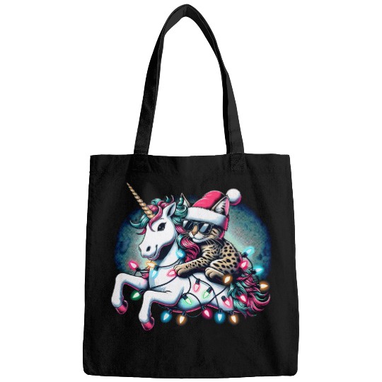 Christmas Lights Savannah Cat Riding Unicorn Bags