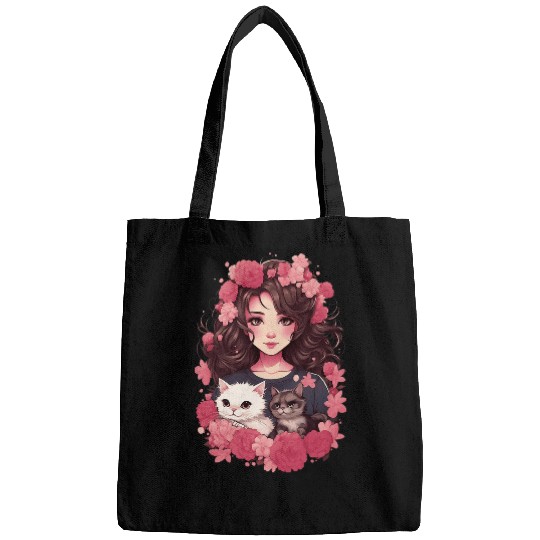 Cherry Blossom Butterfly Anime Girl With Kawaii Cat 8 Bags