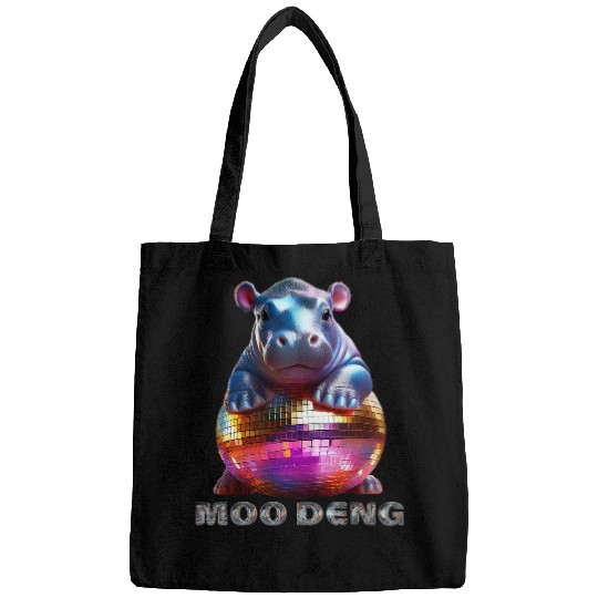 Hippo Pet Moo Deng Cute Baby Pygmy Hippo On a Disco Ball Bags