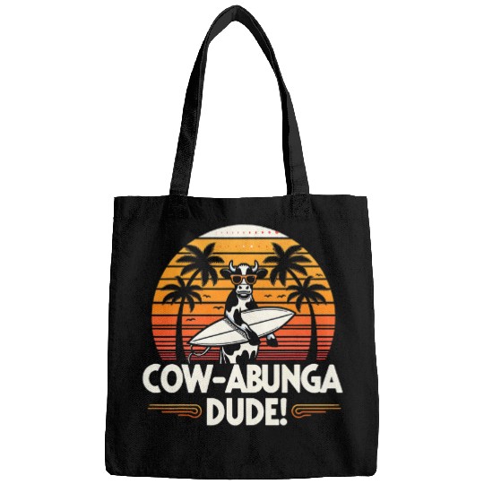Cow Abunga Dude Retro Surf Funny Graphic Tees Bags