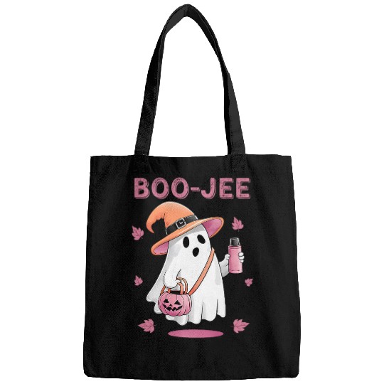 Coffee Fun Boo Jee ghosts Drinking Coffee Spooky Pink Funny Halloween Bags