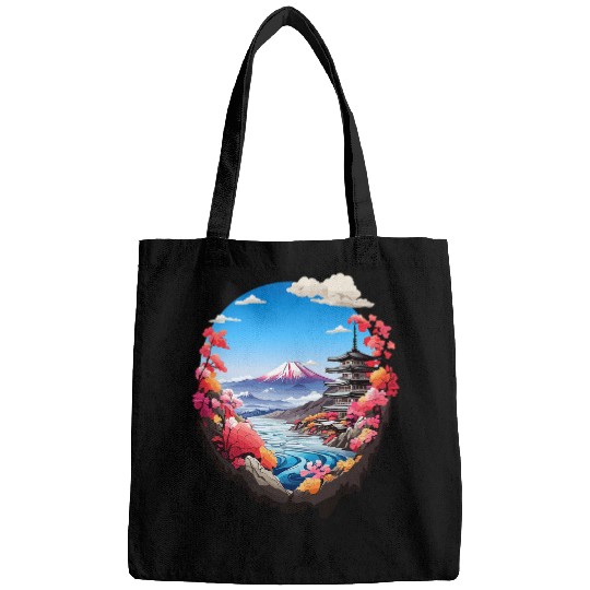 Japan Mount Fuji and Sakura Cherry Blossom sky Bags