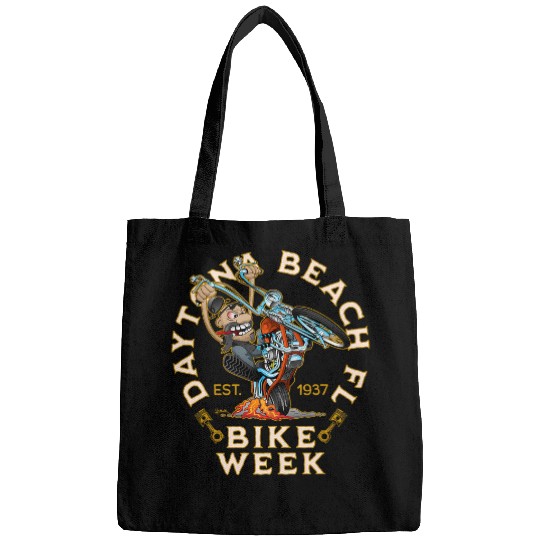 Daytona Beach Florida Bike Week Funny Motorcycle Cartoon Bags