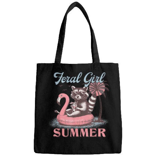 Raccoon Pet Feral Girl Summer Raccoon On The Beach With Flamingo Bags