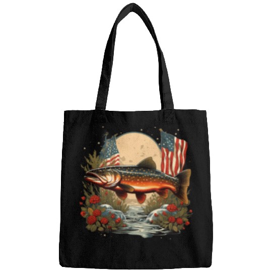 Fisherman American US Flag With Fly Fishing Brook Trout Fish 1 Bags