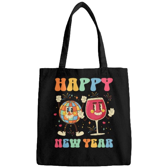 Retro Groovy Champagne Glass Disco Ball Happy New Year 2024 Bags
