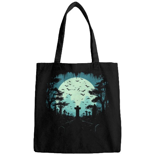 Moonlit Sky Tombstone Silhouette Tee Spooky Night Halloween Bags