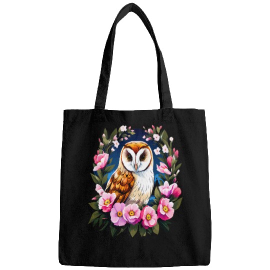 Owl Pet Cute European Barn Owl Surrounded by Bold Spring Flowers Bags