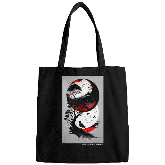 Japanese Tree Red Moon With Birds Flying in background Graph 1 Bags