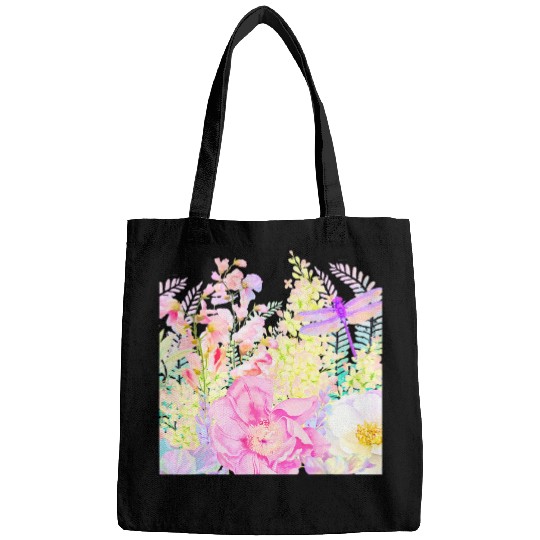 Spring Afternoon A Dreamy Flower Garden And Purple Dragonfly Bags