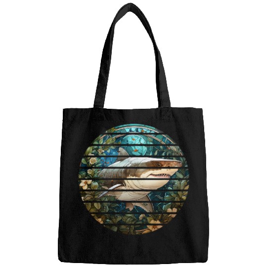 Retro circle stained glass great white shark ocean fishing Bags