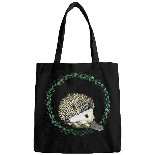Hedgehog Pet cute with leaf wreath hand painted forest animals Bags