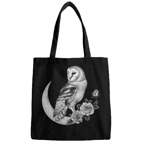 Owl Pet Barn Owl Sitting on Moon Roses Gothic Black White Bags