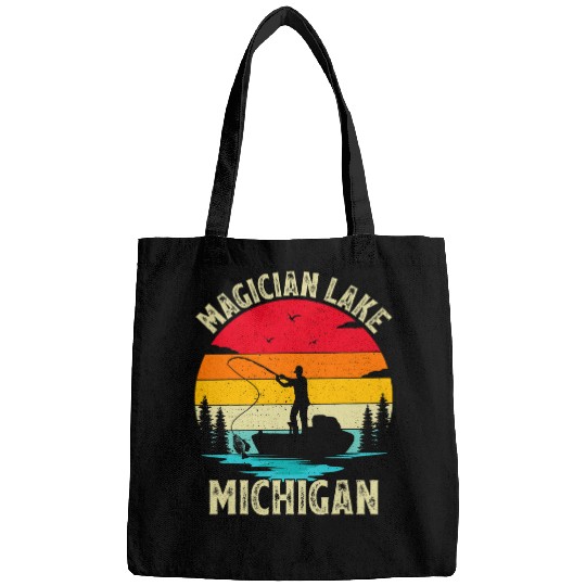 Fishing Fun Summer Vacation Fishing vintages Retro Michigan Lake Bags