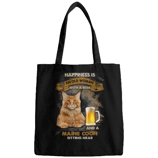 Beer Fun Happiness is an old woman with a beer and a maine coon Bags