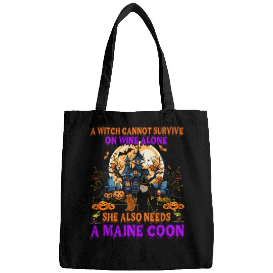 Wines Fun Halloween Witch On Wines And Funny Maine Coon Cat Costume Bags