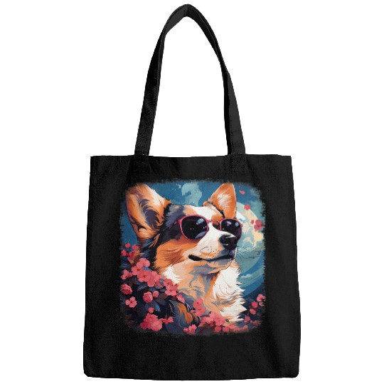 Anime corgi dog sunglasses pink cherry blossom flower tree Bags