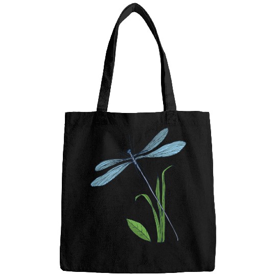 Cute And Delicate Blue Dragonfly On A Leaf Cottagecore Bags