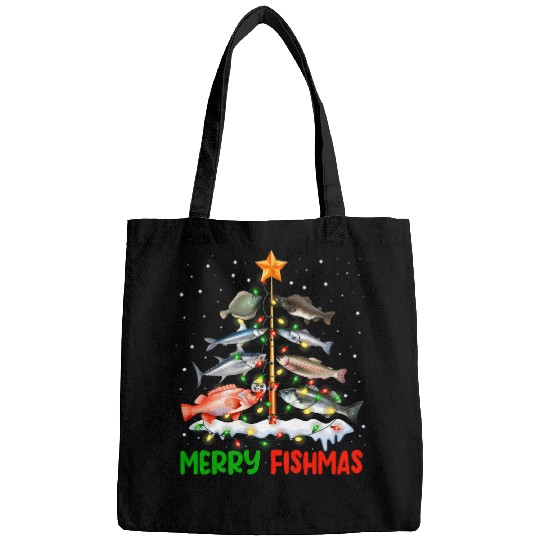 Merry Fishmas Funny Christmas Tree Lights Fish Fishing Rod 9 Bags