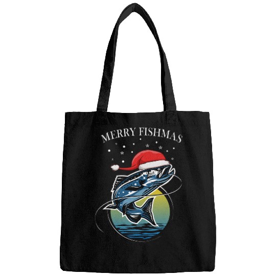 merry fishmas funny christmas santa claus fishing tee Bags