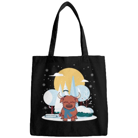 Cow Lover Snowy Farm Animal Snowing Winter Scottish Highland Cow Bags