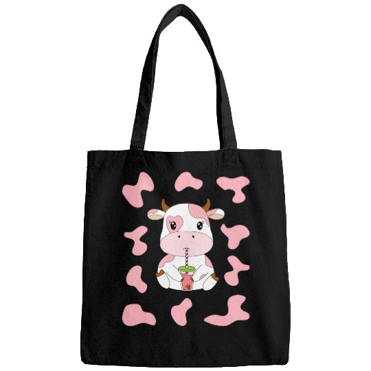 Cow Lover Cute Strawberry Cow with Strawberry Milk and Pink Cow Print Bags