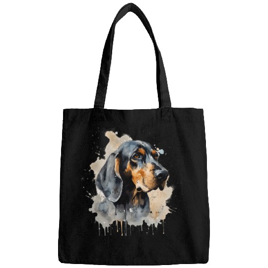 Colorful Black and Tan Coonhound watercolor art Bags