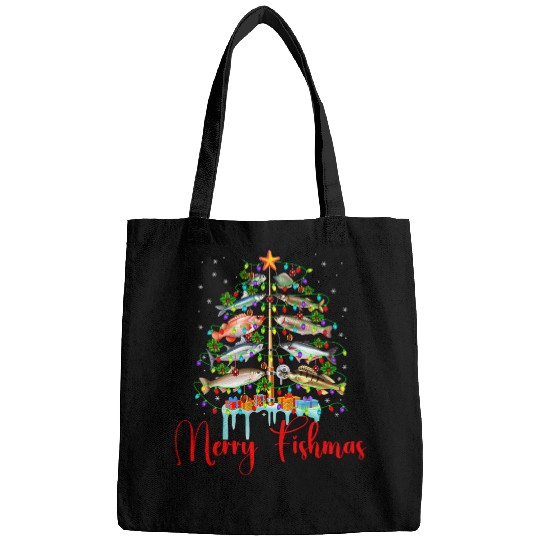 Merry Fishmas Funny Christmas Tree Lights Fish Fishing Rod Bags