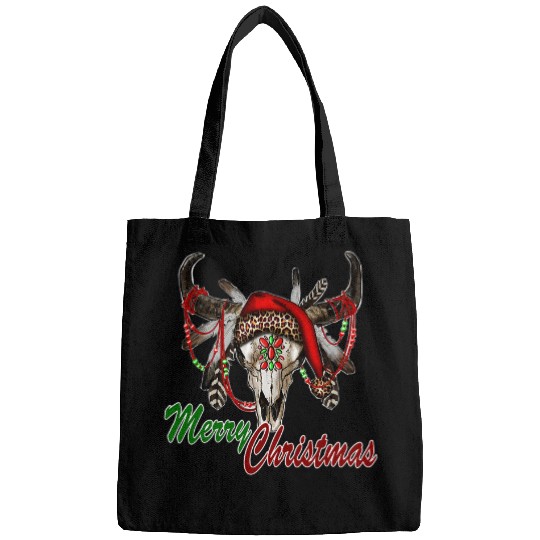western country boho turquoise bull skull merry christmas Bags