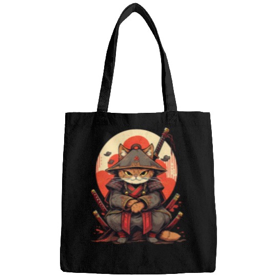 Retro Japanese Cat Samurai tattoo graphic Ninja Kawaii Bags