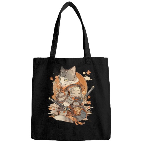 Retro Japanese Cat Samurai tattoo graphic Ninja Kawaii 3 Bags
