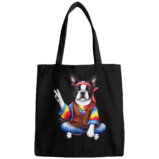 Boston Terrier Dressed Hippie Dog Lovers Hippie Art Design Bags