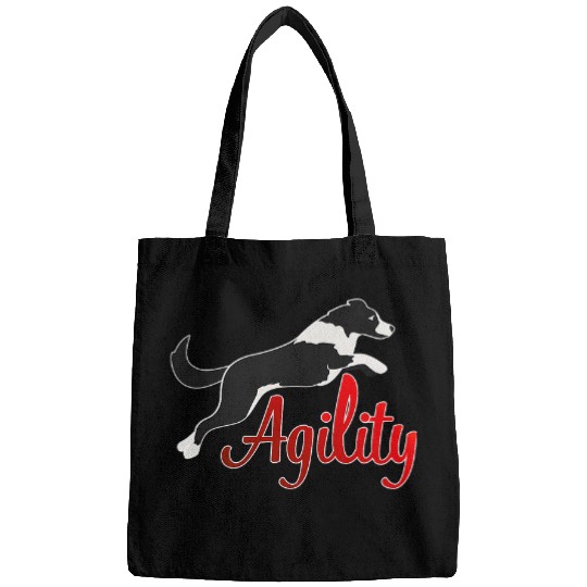 Black and white border collie jumping on agility in red Bags