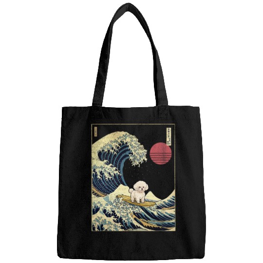 Bichon Frise Japanese Kanagawa Wave Funny Surf Dog Bags
