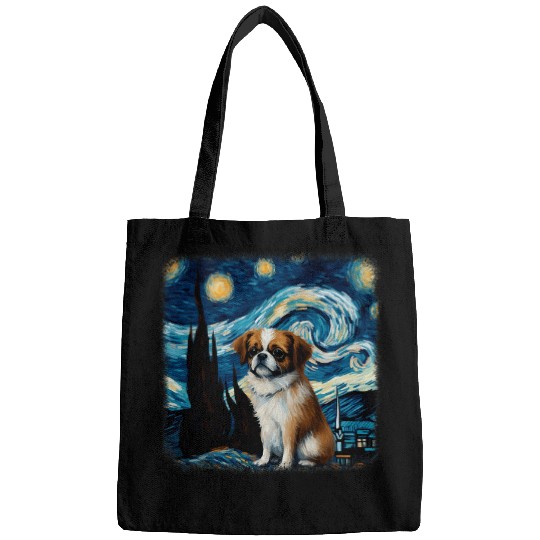 Dog in starry night van gogh Tibetan spaniel Bags