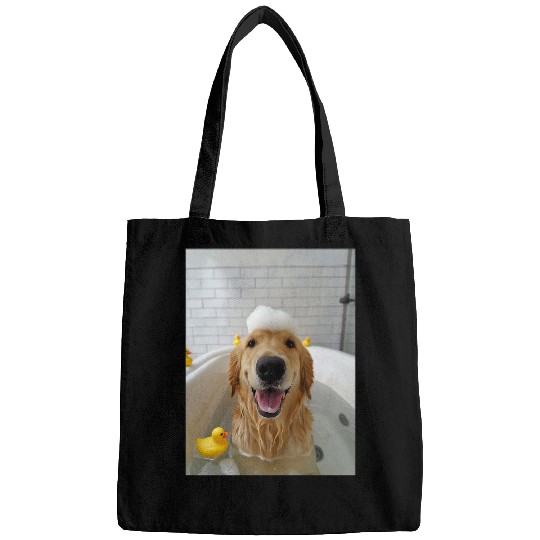 Golden Retriever Dog Chilling in the Bath Tub Bags