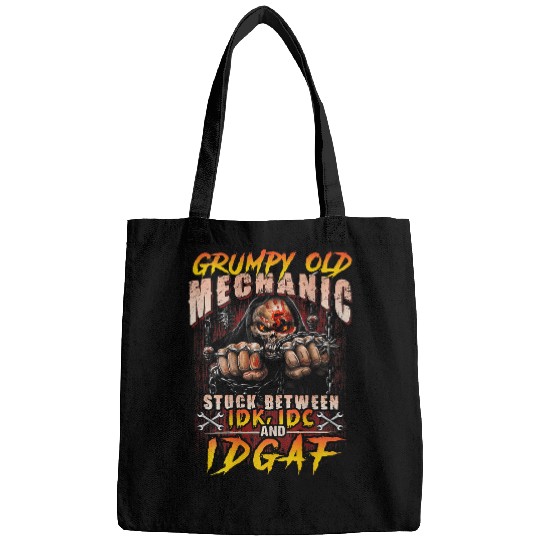 Grumpy Old Mechanic Stuck Between IDK IDC 2IDGAF on back Bags