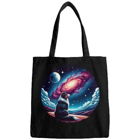 Australian Shepherd Under The Moon And Spiral Galaxy Bags