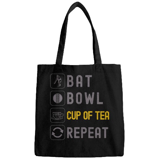 Bat Bowl Cup Of Tea Repeat Funny Cricket Fan Batsman Wicket Bags