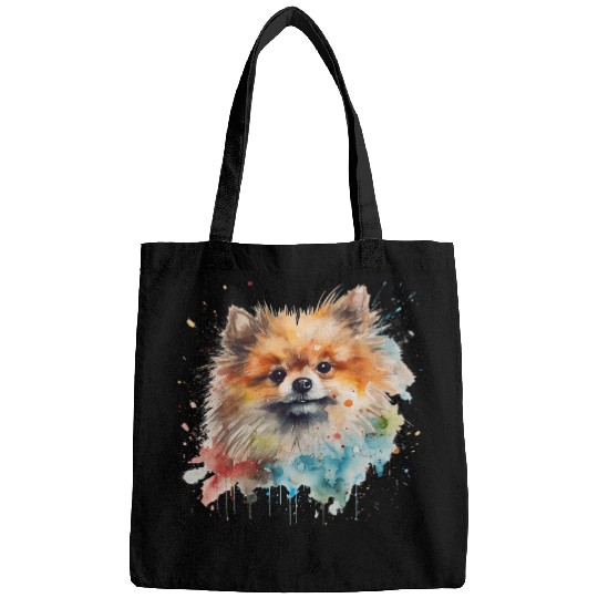 Colorful Pomeranian watercolor art 1 Bags