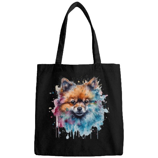 Colorful Pomeranian watercolor art 2 Bags